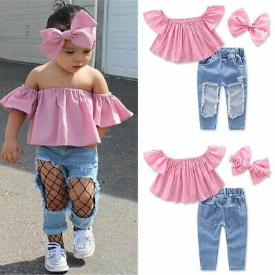 shopping אופנה ילדים 3PCS Kids Baby Girls T-shirt Tops+Ripped Holes Pants Jeans Outfits Clothes Set
