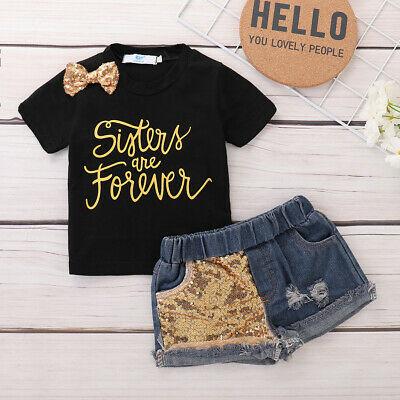 shopping אופנה ילדים 2PCS Kids Baby Girls T-shirt Tops Denim Shorts Set Sequins Pants Outfits Clothes